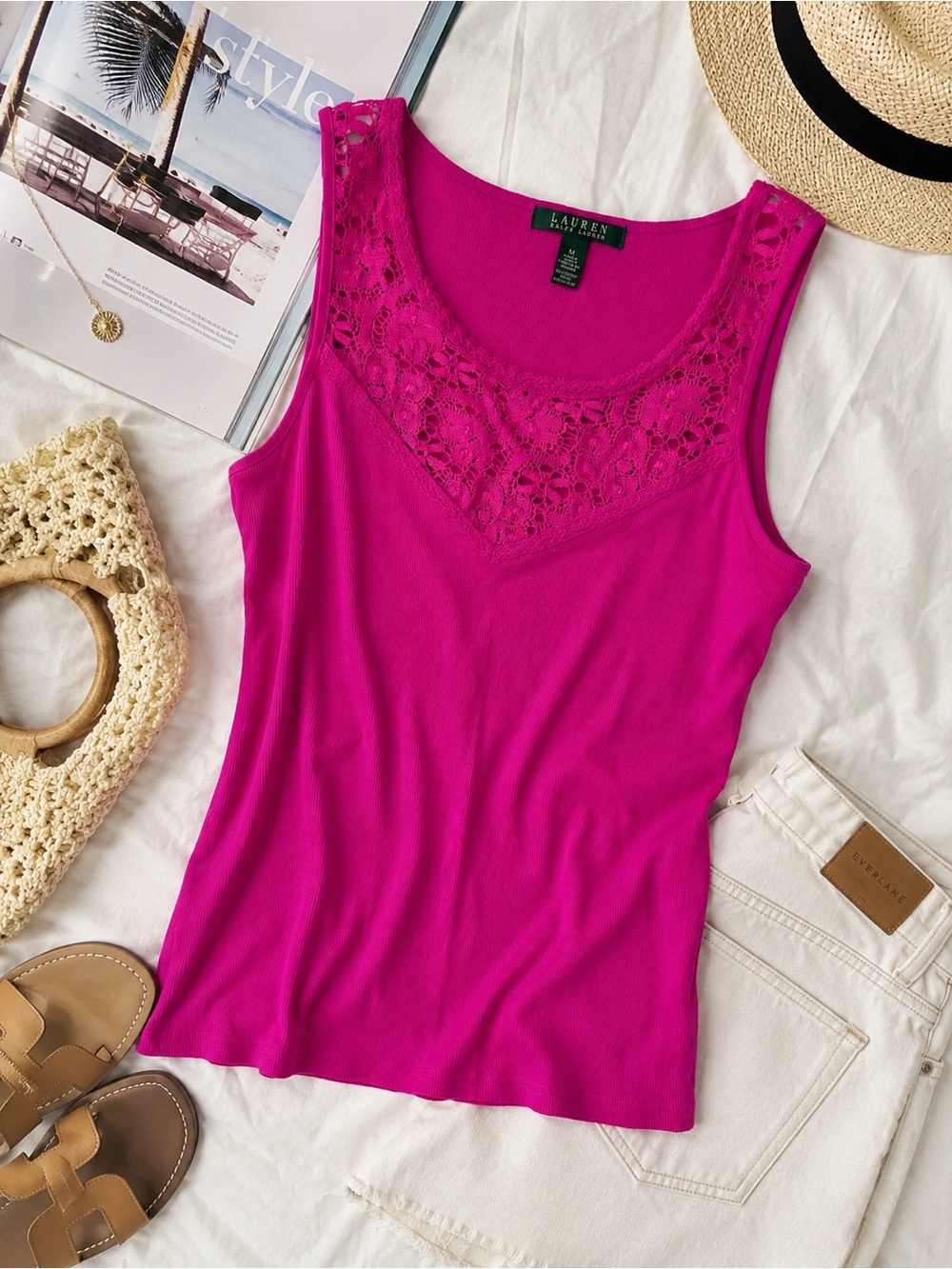 Lauren Ralph Lauren Pink Lace Trim Ribbed Tank Top M Barbiecore Y2K